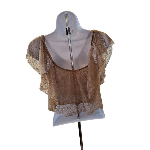 Umgee Womens Crop Top  Medium Brown Lace Flutter Sleeves Crochet USA Boho Y2K - Picture 2 of 9